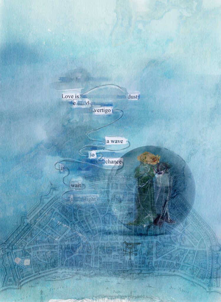 Blue and aqua watercolour background with vintage map of the Rhine overlaid, two female figures with cactus flowers for heads sit within a glass ball like a marble, and a weathervane and dice showing the number one can be glimpsed over the map. Erased text reads Love is/ dust-e-d vertigo/ a wave/ to / chance/ i wait/ i light (fading out towards the end so 'i light' is barely visible).