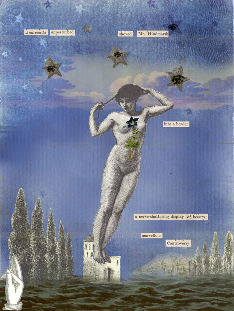 Blue watercolour background with collaged stars (with eyes) and clouds above, water below, flanked by two rows of poplar trees -a city in the distance, and a church. A hand sign to the left. In the centre a victorian/edwardian image of a naked woman with a gentian on her chest