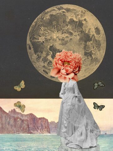Digital collage - Image of moon over image of water, with female figure in wedding gown with a huge peony for a head. Butterflies are reflected mid-image