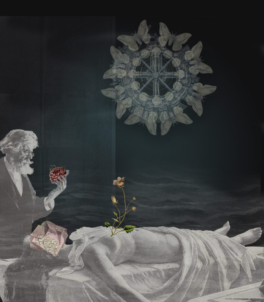 Image of victorian woman's autopsy, doctor holds flower, other flower grows out of her, semi-precious stone covers her face, in the background a circle made from an image of a calico-printing press, astrological map and butterflies