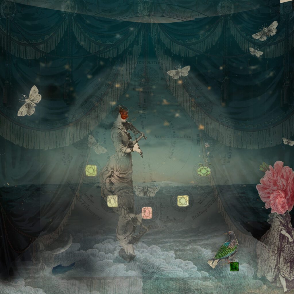 Woman playing violin to curtain backdrop