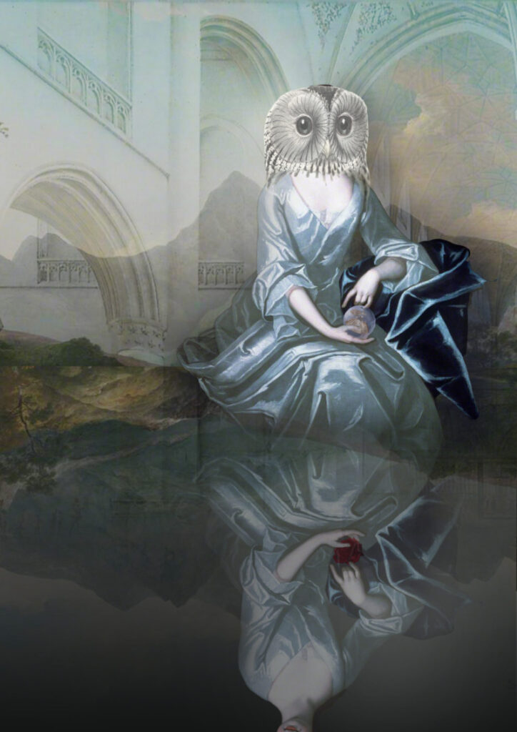 Woman with the face of an owl sits in front of a reflected background. She holds a bauble with a small creature trapped in it. Her reflection holds a rose and has no owl face
