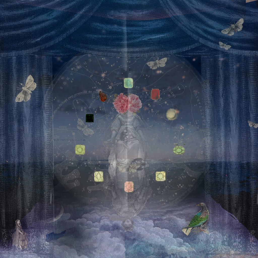 image of seated women with jewels, birds, drapes a dreamscape